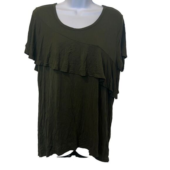 ana Large Green Asymmetrical Ruffle Short Sleeve TShirt Top Casual Lagenlook - Picture 1 of 7